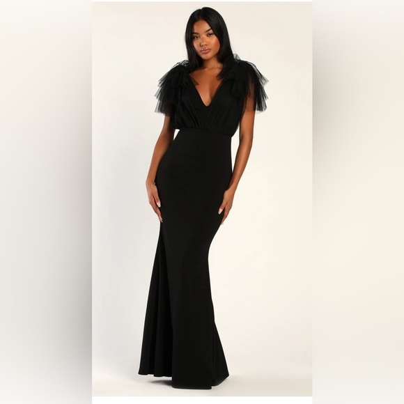 Lulus Fabulous Fun Black Tulle Flutter Sleeve Mermaid Maxi Black Evening Gown M - Picture 1 of 10